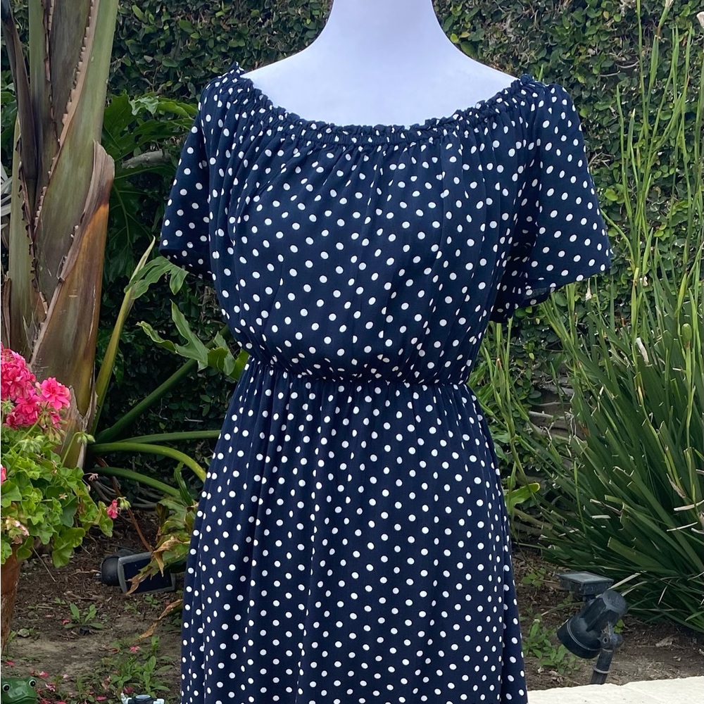 Navy Polka Dot Off-Shoulder Dress